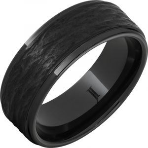 Black Diamond Ceramic™ Ring with Hand Carved Bark Engraving