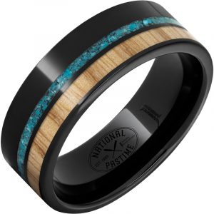 Black Diamond Ceramic™ Ring with White Ash Vintage Baseball Bat Wood and Turquoise Inlays