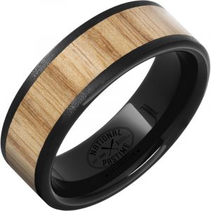 Black Diamond Ceramic™ Ring with White Ash Vintage Baseball Bat Wood Inlay and Stone Finish