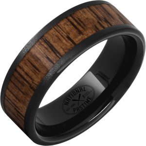 Black Diamond Ceramic™ Ring with Hickory Vintage Baseball Bat Wood Inlay and Stone Finish