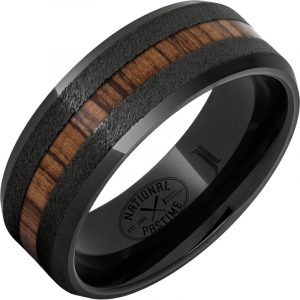 Black Diamond Ceramic™ Ring with Vintage Hickory Baseball Bat Wood Inlay and Grain Finish